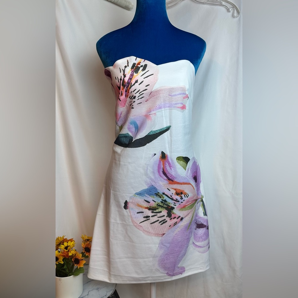 Floral Strapless White Dress